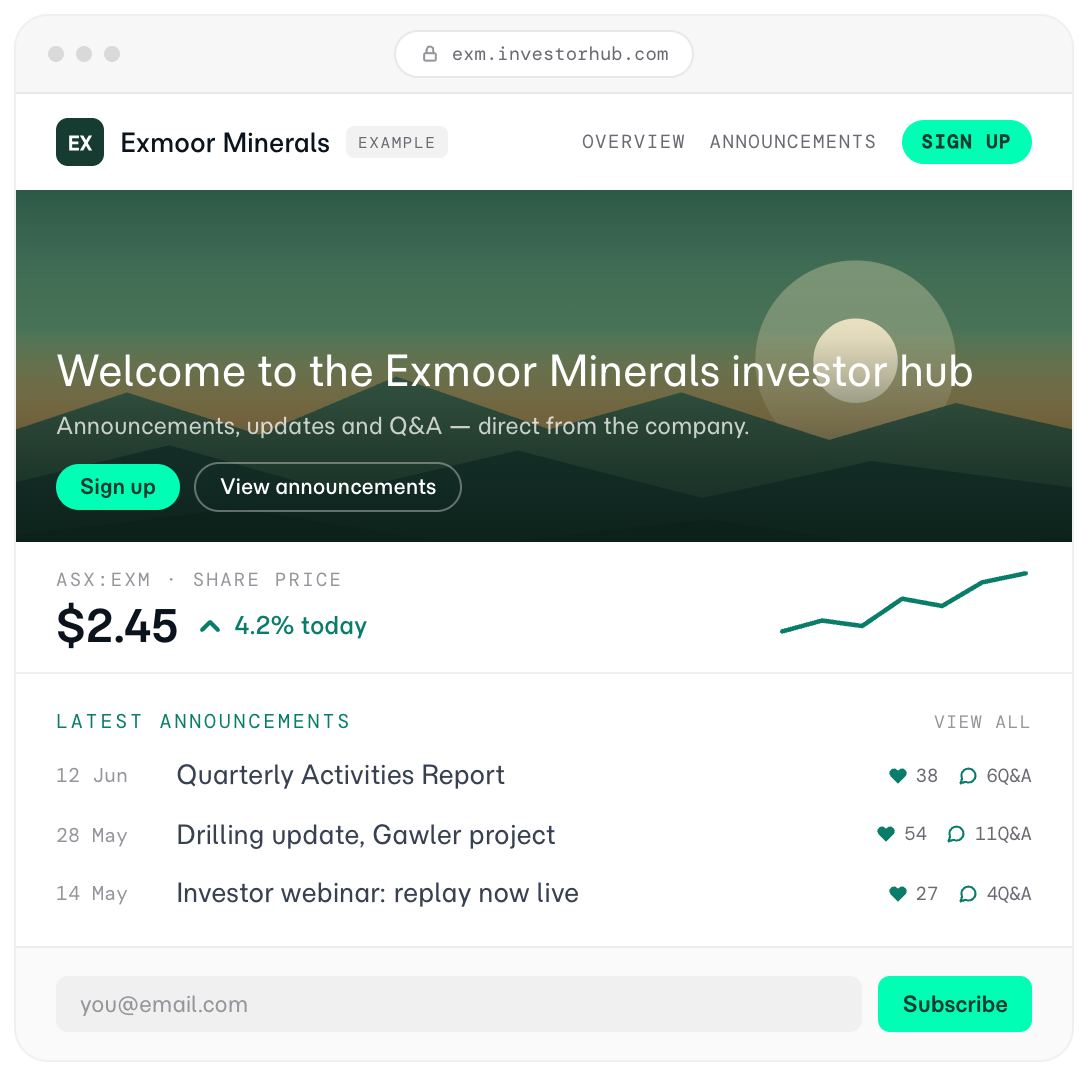 A company's branded investor hub with live share price and interactive announcements